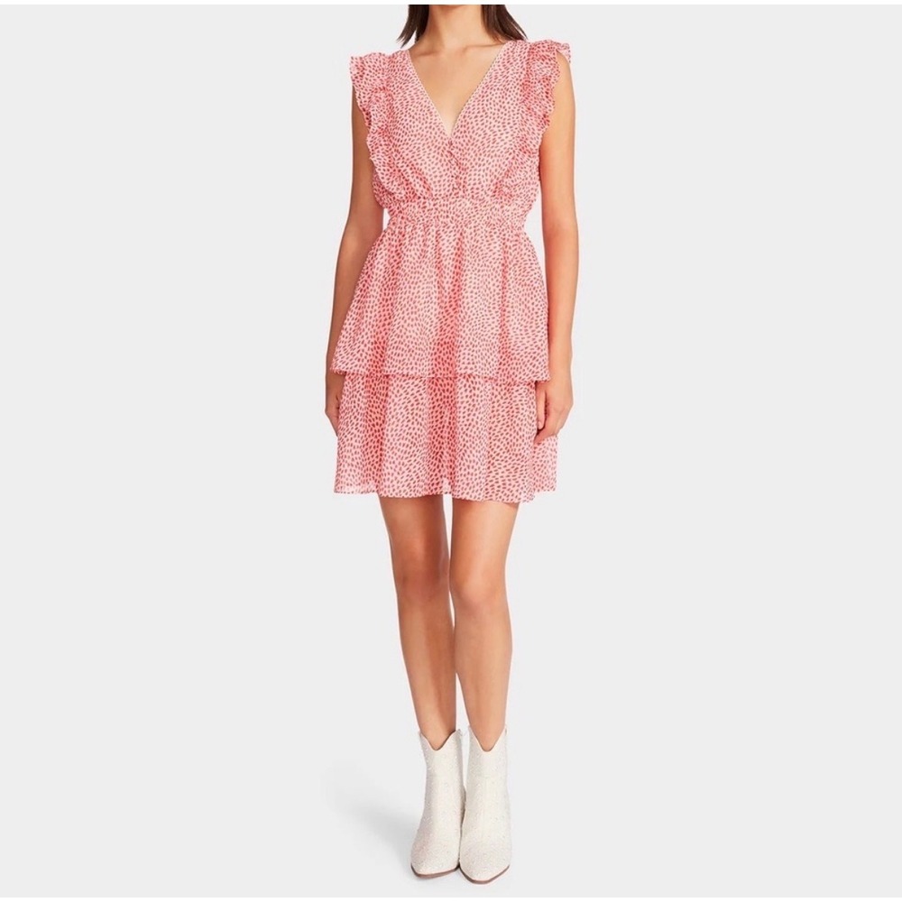 Betsey Johnson Queen of hearts Pink Red Heart Print Ruffle Tiered Mini Dress